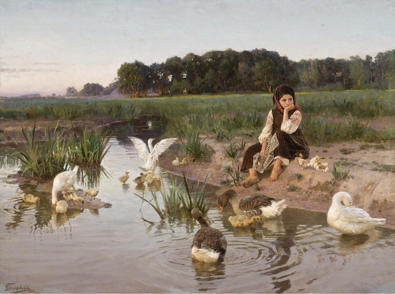 Girl with Geese, vintage artwork by Nikolai Bodarevsky, 12x8" (A4) Poster