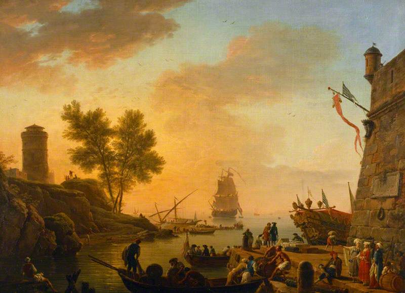 Evening Harbour Scene with Boats being Unloaded and Spectators, vintage artwork by Claude-Joseph Vernet, 12x8" (A4) Poster
