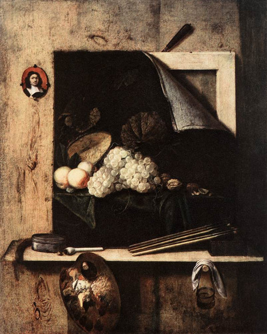 Still Life with Self-Portrait, vintage artwork by Cornelis Norbertus Gysbrechts, 12x8" (A4) Poster