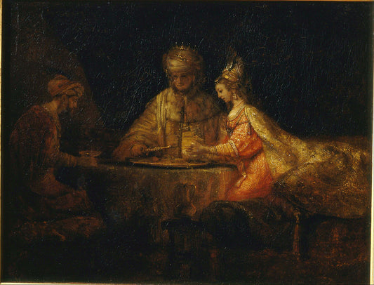 Ahasuerus and Haman at the Feast of Esther, vintage artwork by Rembrandt van Rijn, 12x8" (A4) Poster