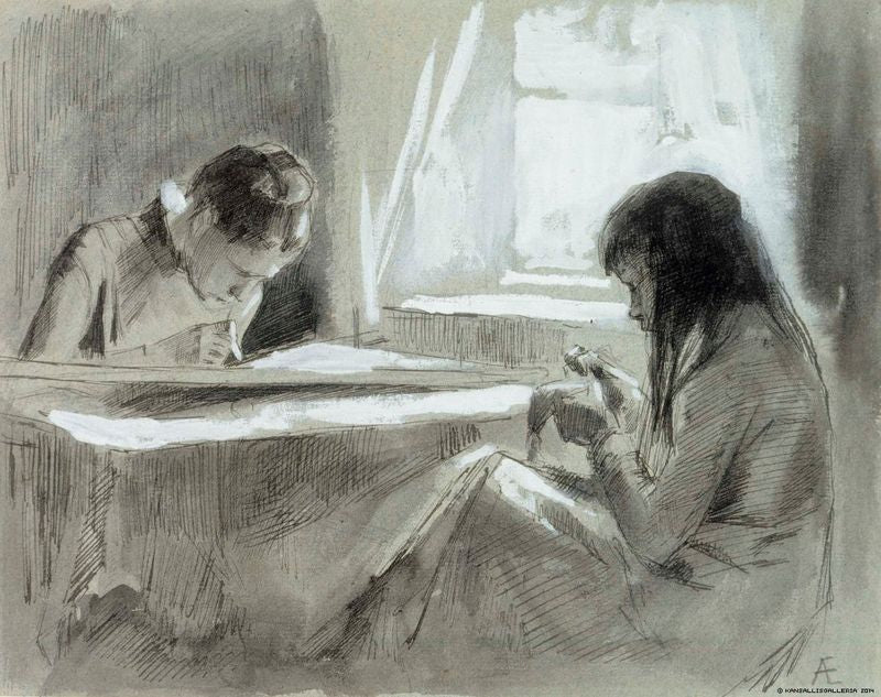 Girls Sewing by  the Window, vintage artwork by Albert Edelfelt, 12x8" (A4) Poster