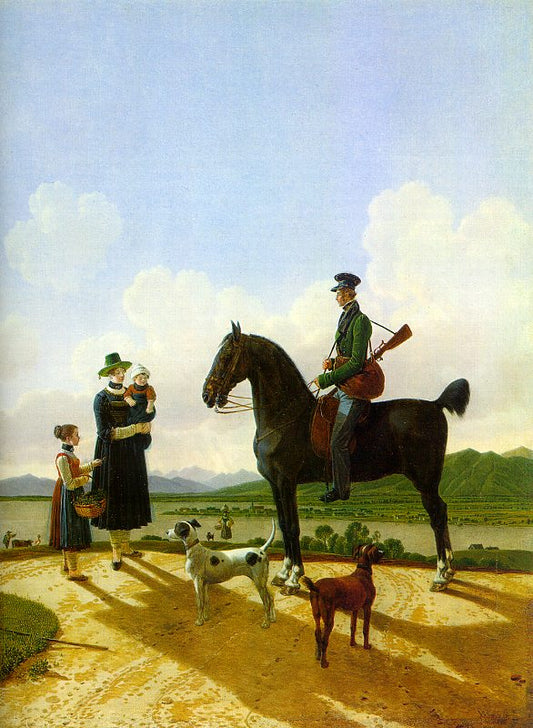 Rider and Farmer with Children at Tegernsee, vintage artwork by Wilhelm von Kobell, 12x8" (A4) Poster