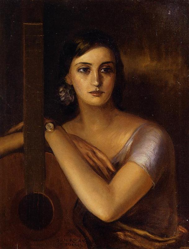 Woman with a Guitar, vintage artwork by Julio Romero de Torres, 12x8" (A4) Poster