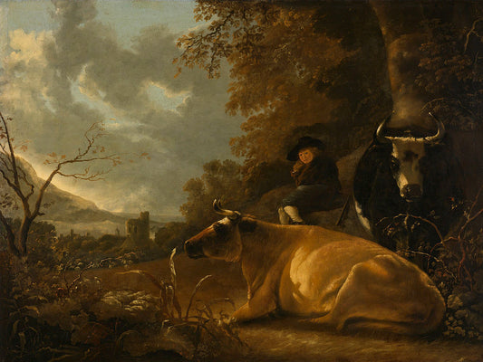 Landscape with Cows and Young Herdsman, vintage artwork by Aelbert Cuyp, 12x8" (A4) Poster