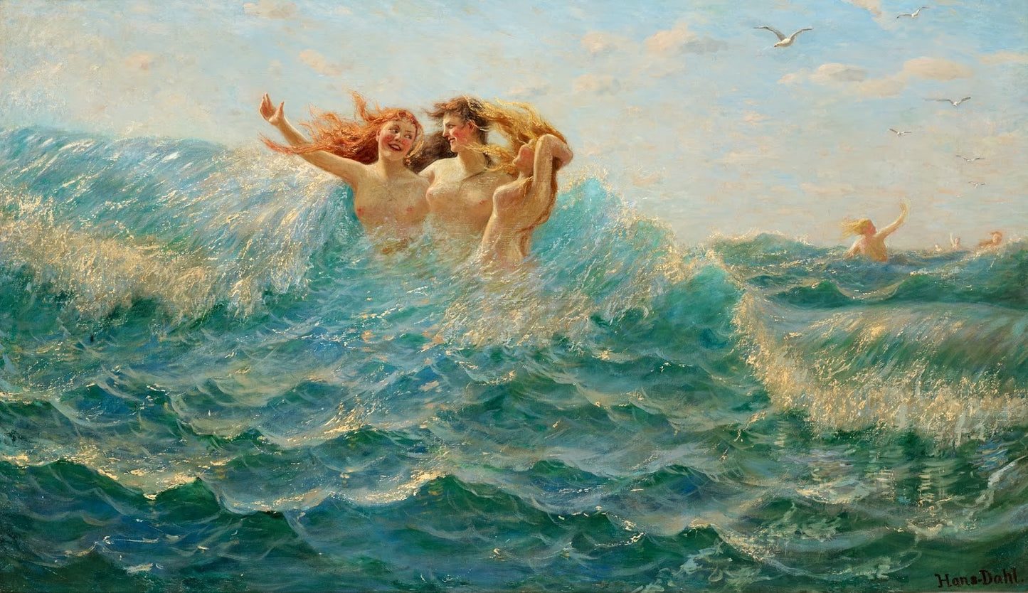 Bathing Nymphs, vintage artwork by Hans Dahl, 12x8" (A4) Poster