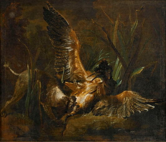 A Poodle Attacking a Bittern (after Oudry), vintage artwork by Hugues Taraval, 12x8" (A4) Poster