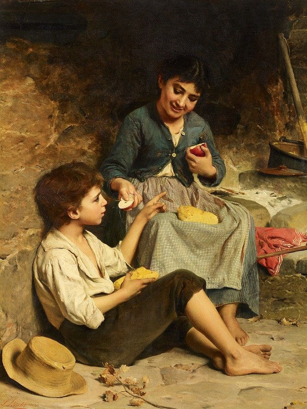 Two children with bread and apples at the break, vintage artwork by Luigi Bechi, 12x8" (A4) Poster