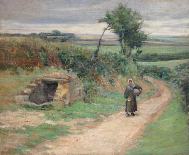 Woman with Basket on Road, vintage artwork by Allen Butler Talcott, 12x8" (A4) Poster