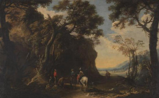 Landscape with travellers asking the Way, vintage artwork by Salvator Rosa, 12x8" (A4) Poster