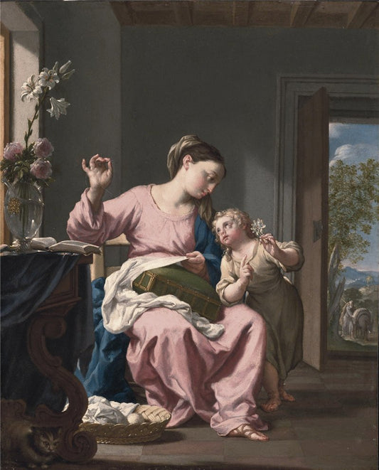 Madonna Sewing with Christ Child, vintage artwork by Francesco Trevisani, 12x8" (A4) Poster