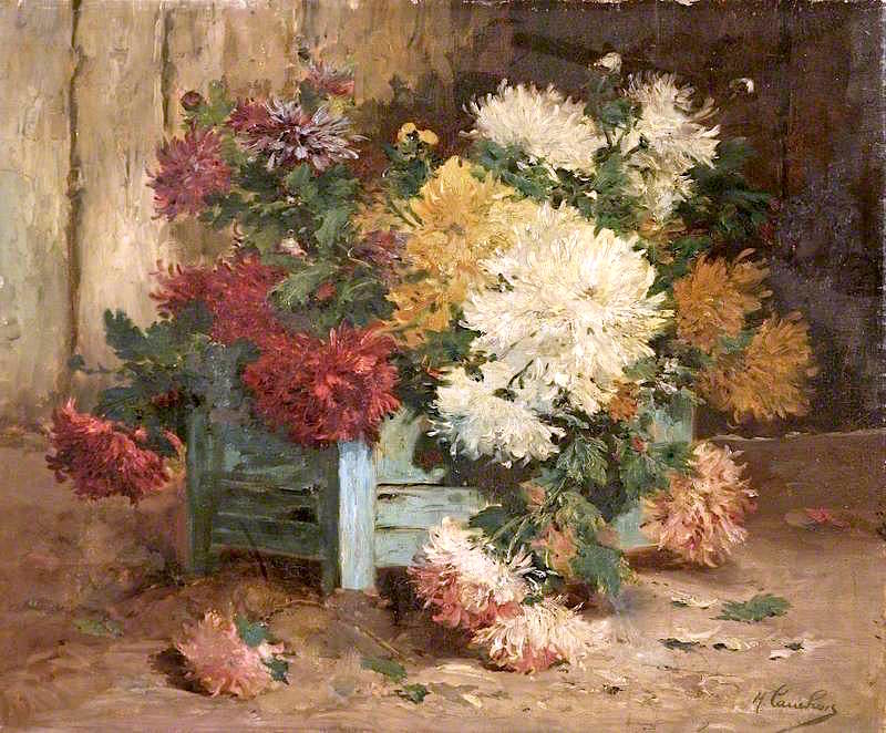 Dahlias in an Urn, vintage artwork by Eugene Henri Cauchois, 12x8" (A4) Poster