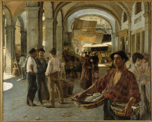 A Venetian Covered Market, vintage artwork by Oscar Gustaf Bjorck, 12x8" (A4) Poster