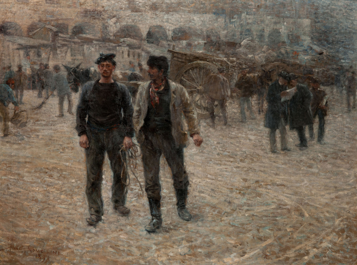 Piazza Caricamento, vintage artwork by Plinio Nomellini, 12x8" (A4) Poster