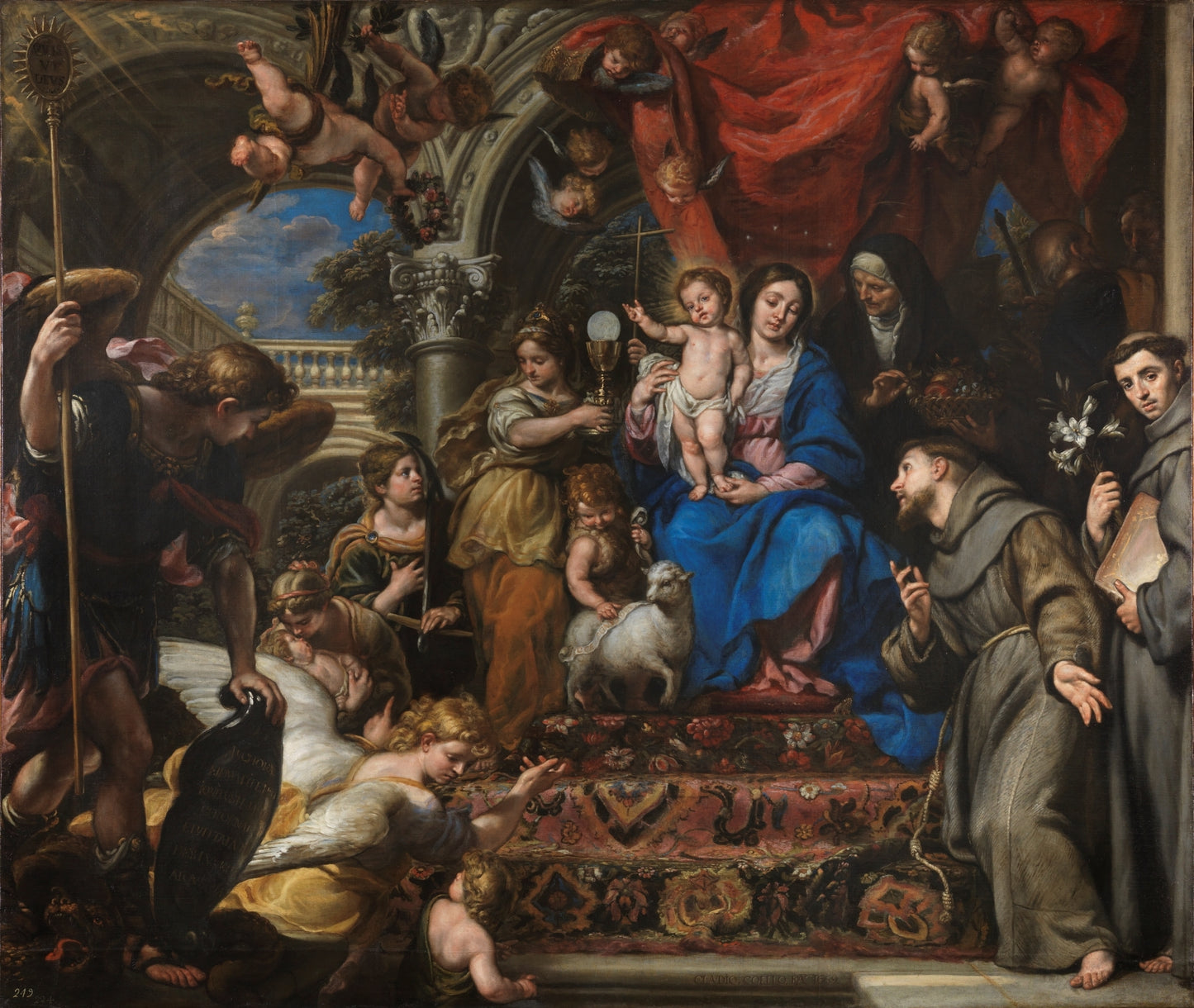 The Virgin and Child between the Theological Virtues and Saints, vintage artwork by Claudio Coello, 12x8" (A4) Poster