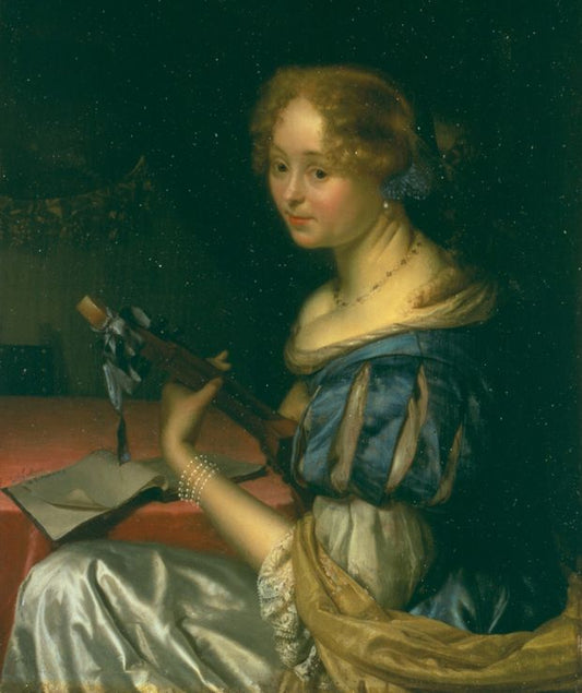 Young woman with cittern, vintage artwork by Godfried Schalcken, 12x8" (A4) Poster