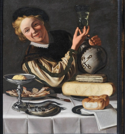 A kitchen still life with a boy, vintage artwork by Christiaen van Couwenbergh, 12x8" (A4) Poster