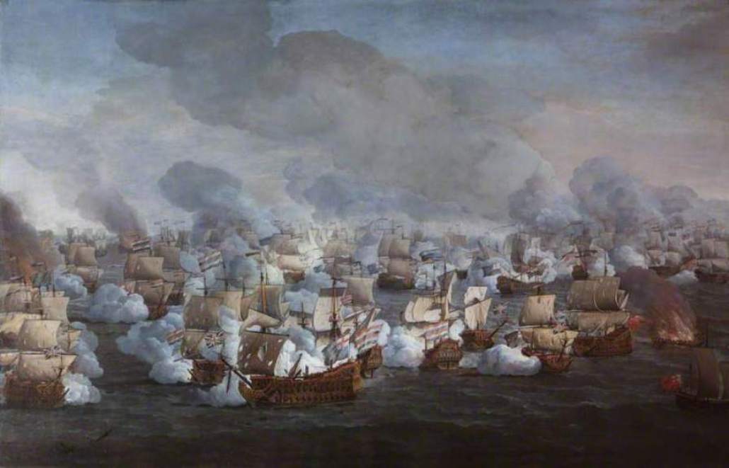 The Battle of the Texel (Kijkuin) 21 August 1673:  The Engagement of the Two Fleets, vintage artwork by Willem van der Velde the Elder, 12x8" (A4) Poster