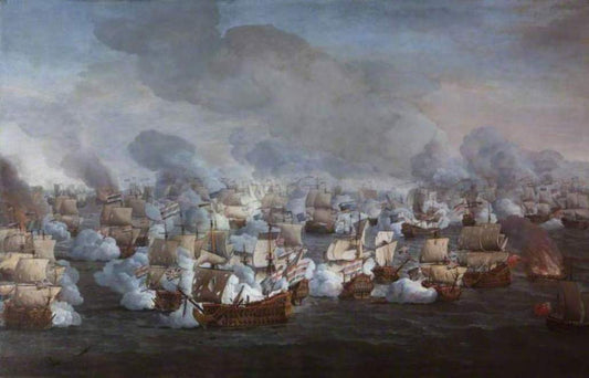The Battle of the Texel (Kijkuin) 21 August 1673:  The Engagement of the Two Fleets, vintage artwork by Willem van der Velde the Elder, 12x8" (A4) Poster