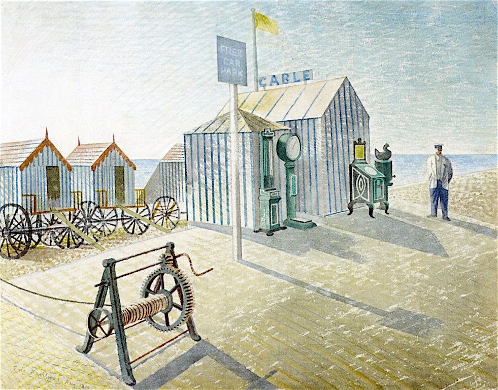 Bathing Machines, Aldeburgh, vintage artwork by Eric Ravilious, 12x8" (A4) Poster