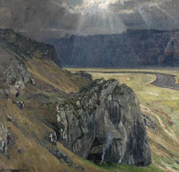 Rocky Landscape in the Rauhe Alb (Felslandschaft aus der Rauhen Alb), vintage artwork by Eugen Felix Prosper Bracht, 12x8" (A4) Poster