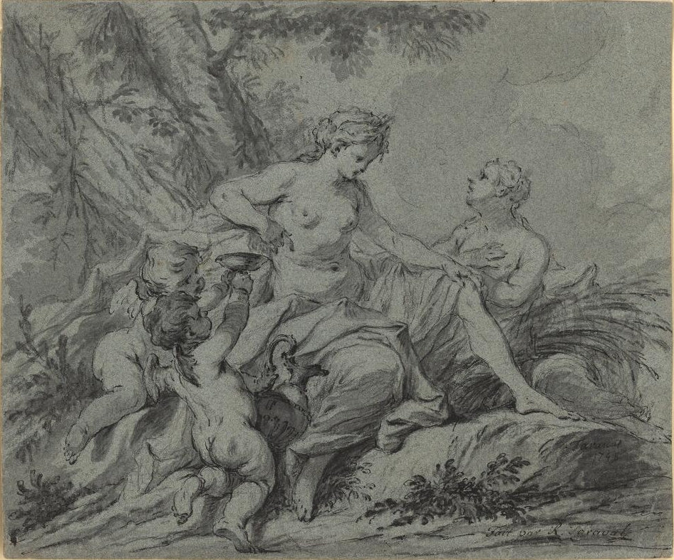 Female Figures with Putti in a Landscape, vintage artwork by Guillaume Thomas Taraval, 12x8" (A4) Poster