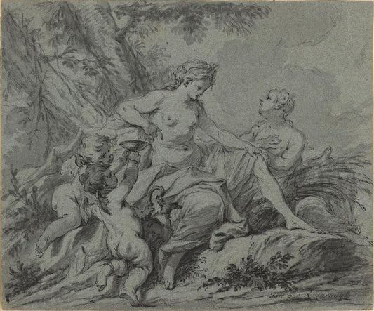 Female Figures with Putti in a Landscape, vintage artwork by Guillaume Thomas Taraval, 12x8" (A4) Poster
