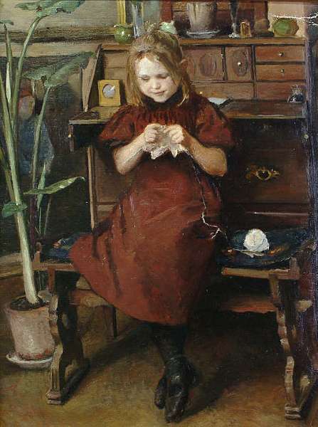 A Young Girl Knitting, vintage artwork by Viggo Johansen, 12x8" (A4) Poster