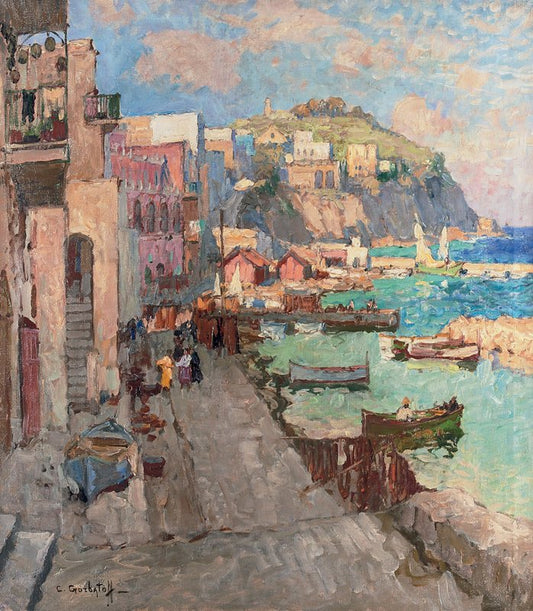 Fishing Village, Capri, vintage artwork by Konstantin Gorbatov, 12x8" (A4) Poster