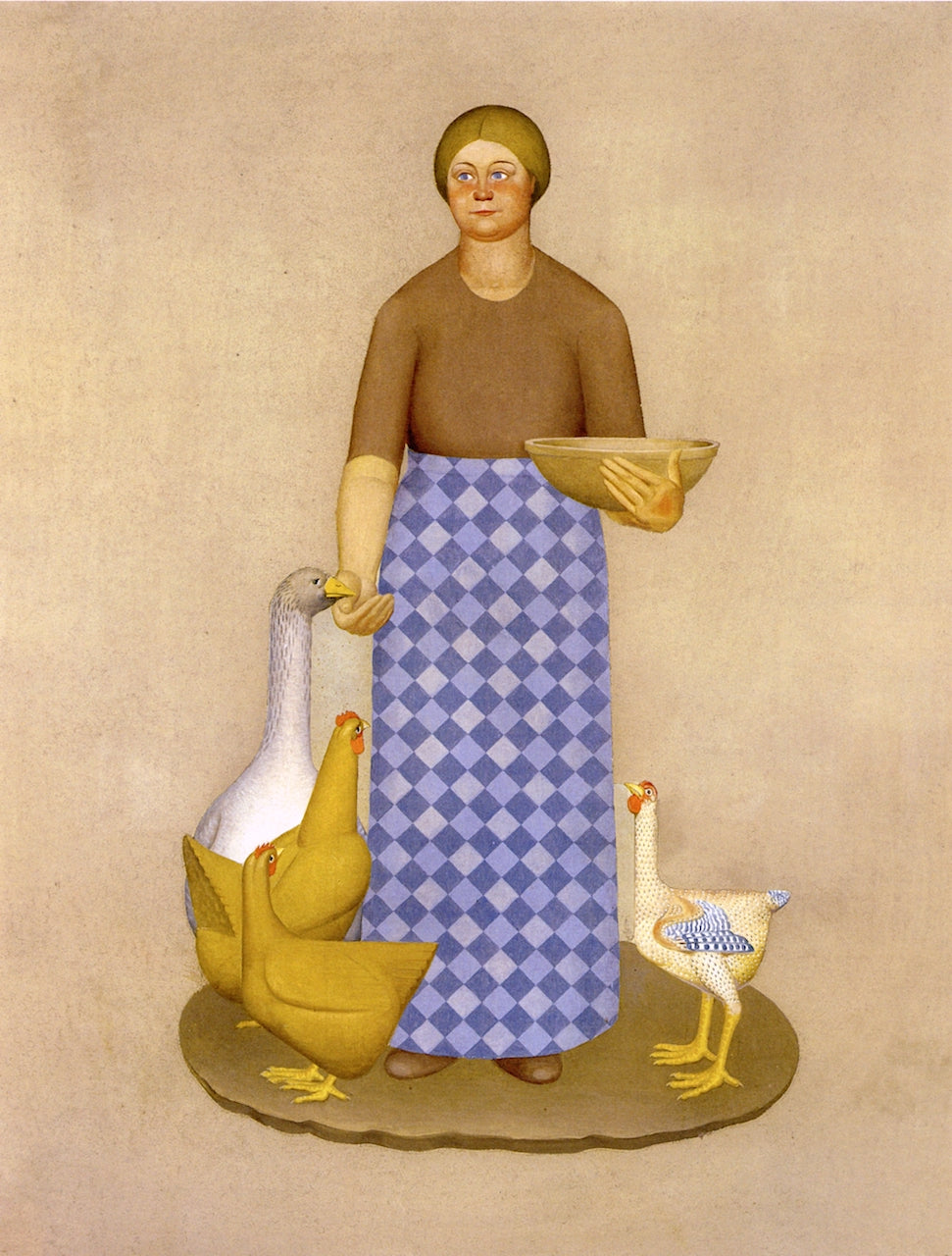 Farmer's Wife with Chickens, vintage artwork by Grant Wood, 12x8" (A4) Poster