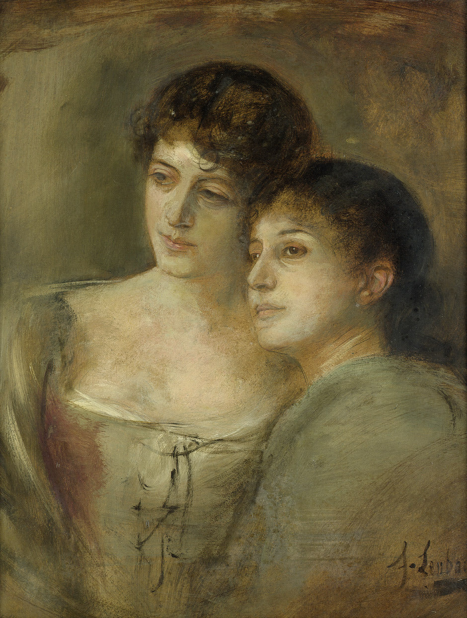 Half-length Portrait of Two Young Ladies, vintage artwork by Franz von Lenbach, 12x8" (A4) Poster