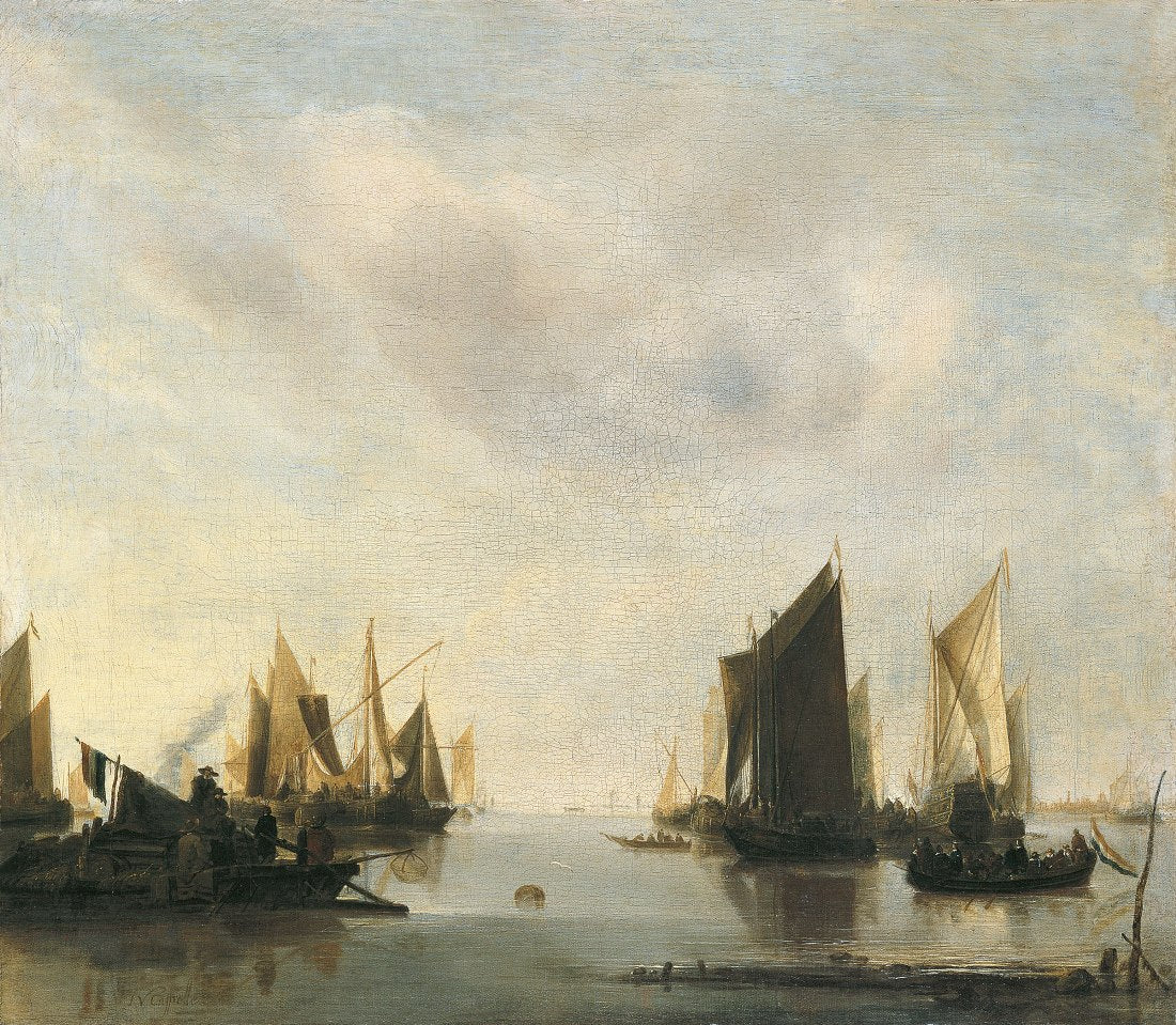 Coast Scene with Sailing Vessels, vintage artwork by Jan van de Cappelle, 12x8" (A4) Poster