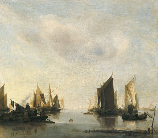 Coast Scene with Sailing Vessels, vintage artwork by Jan van de Cappelle, 12x8" (A4) Poster