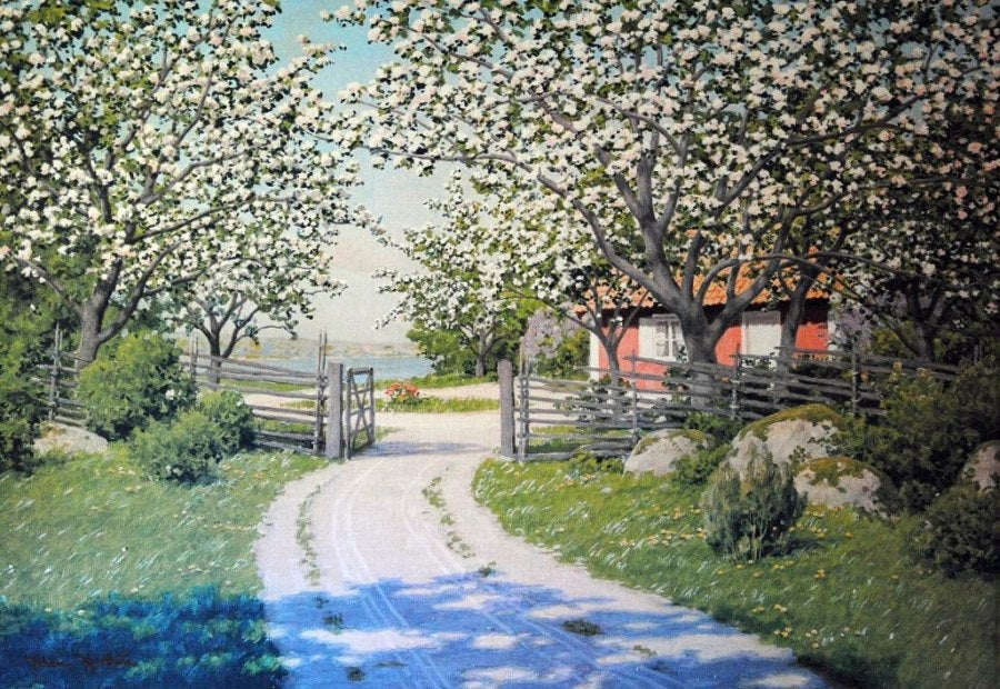 Cabin with blooming fruit trees by Johan Krouthen,A3(16x12")Poster