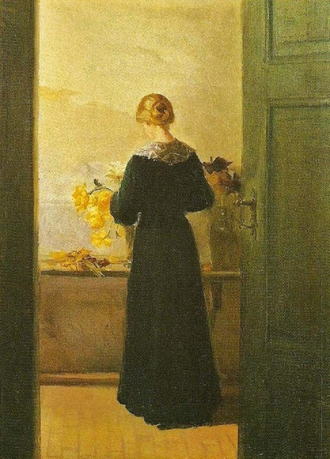 A Young Girl Arranging Flowers, vintage artwork by Anna Ancher, 12x8" (A4) Poster