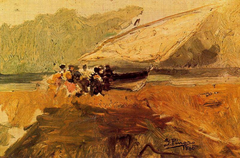 Boat on the Beach, vintage artwork by Ignacio Pinazo Camarlench, 12x8" (A4) Poster