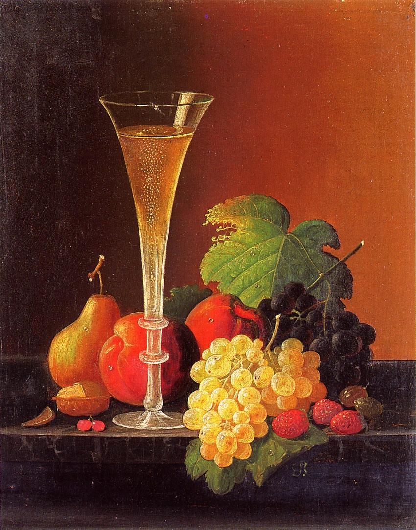 Fruit and a Glass of Champagne on a Tabletop, vintage artwork by Severin Roesen, A3 (16x12") Poster Print