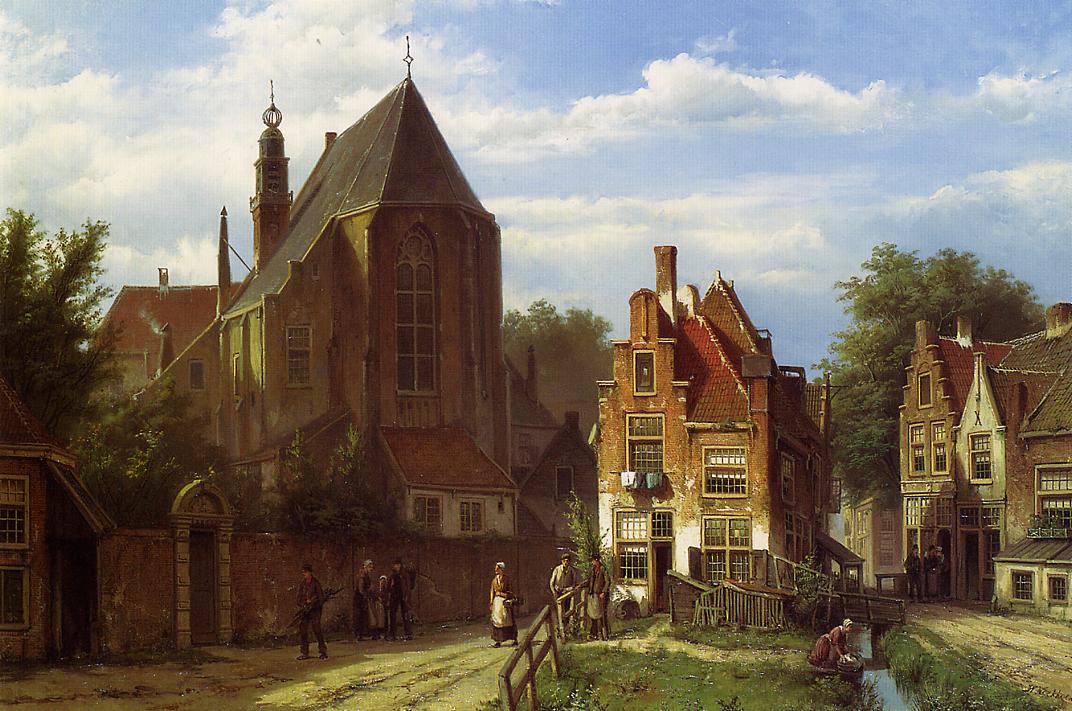 Figures in a Dutch Town, vintage artwork by Willem Koekkoek, 12x8" (A4) Poster
