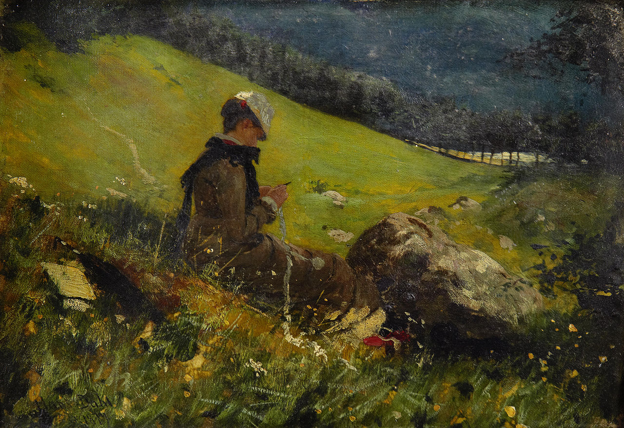 Girl in a Field Knitting, vintage artwork by Hans Dahl, 12x8" (A4) Poster