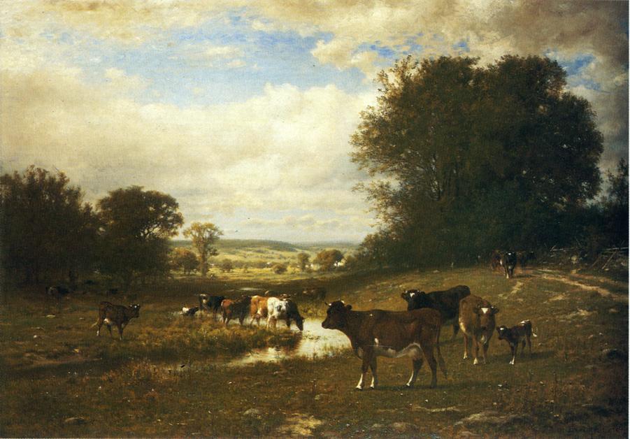 Cattle Grazing, vintage artwork by James McDougal Hart, 12x8" (A4) Poster