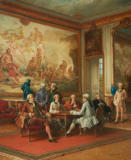 A Rococo Interior with Gentlemen Playing Chess, vintage artwork by Benjamin Eugene Fichel, 12x8" (A4) Poster