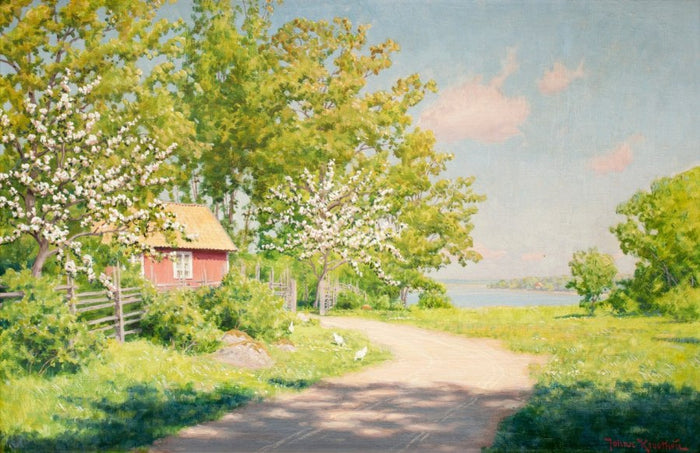 Cottage with blooming fruit trees by Johan Krouthen,A3(16x12