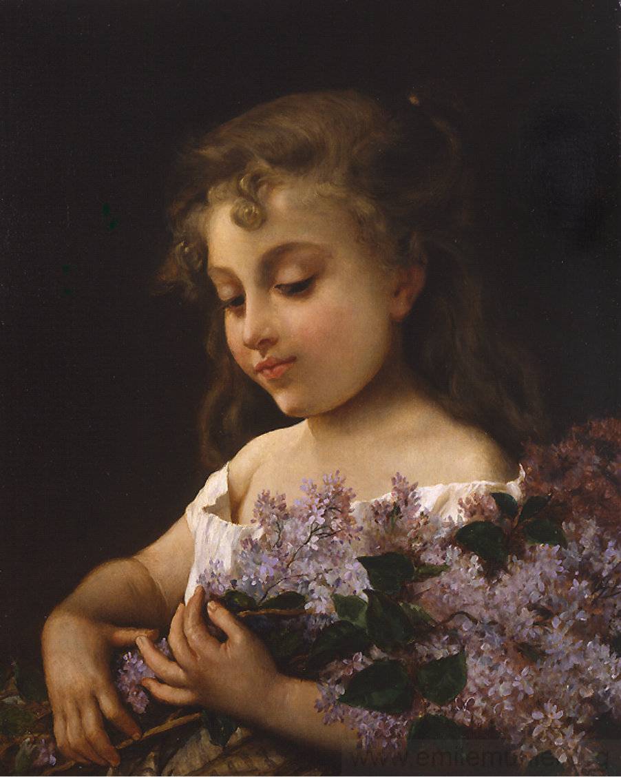 Girl with Lilacs, vintage artwork by Émile Munier, 12x8" (A4) Poster