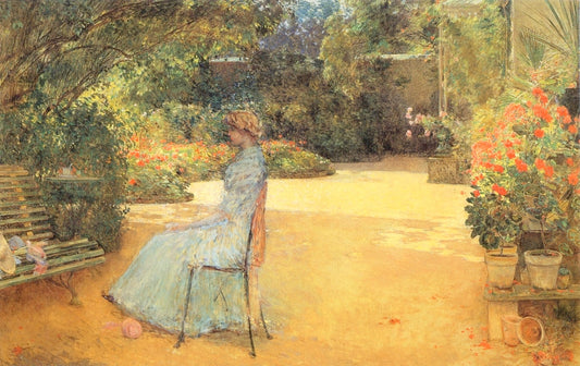 The Artist's Wife in a Garden, Villiers-le-Bel, vintage artwork by Childe Hassam, 12x8" (A4) Poster