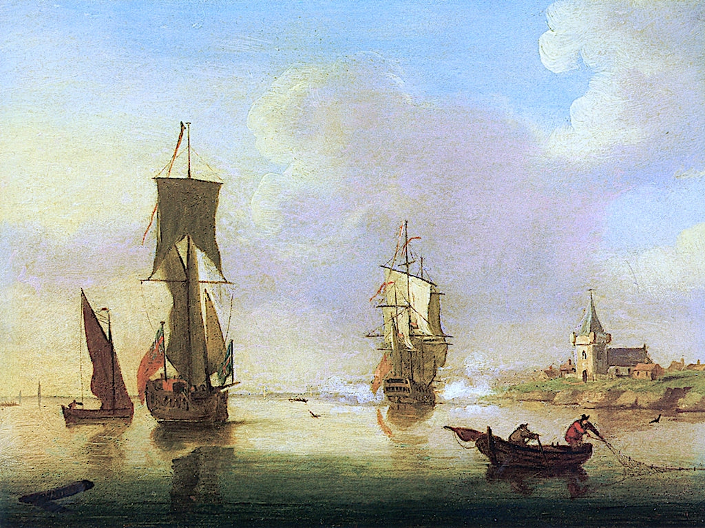 A Yacht and a Small Man-o'-War in a Calm River near a Church, vintage artwork by Francis Swaine, 12x8" (A4) Poster
