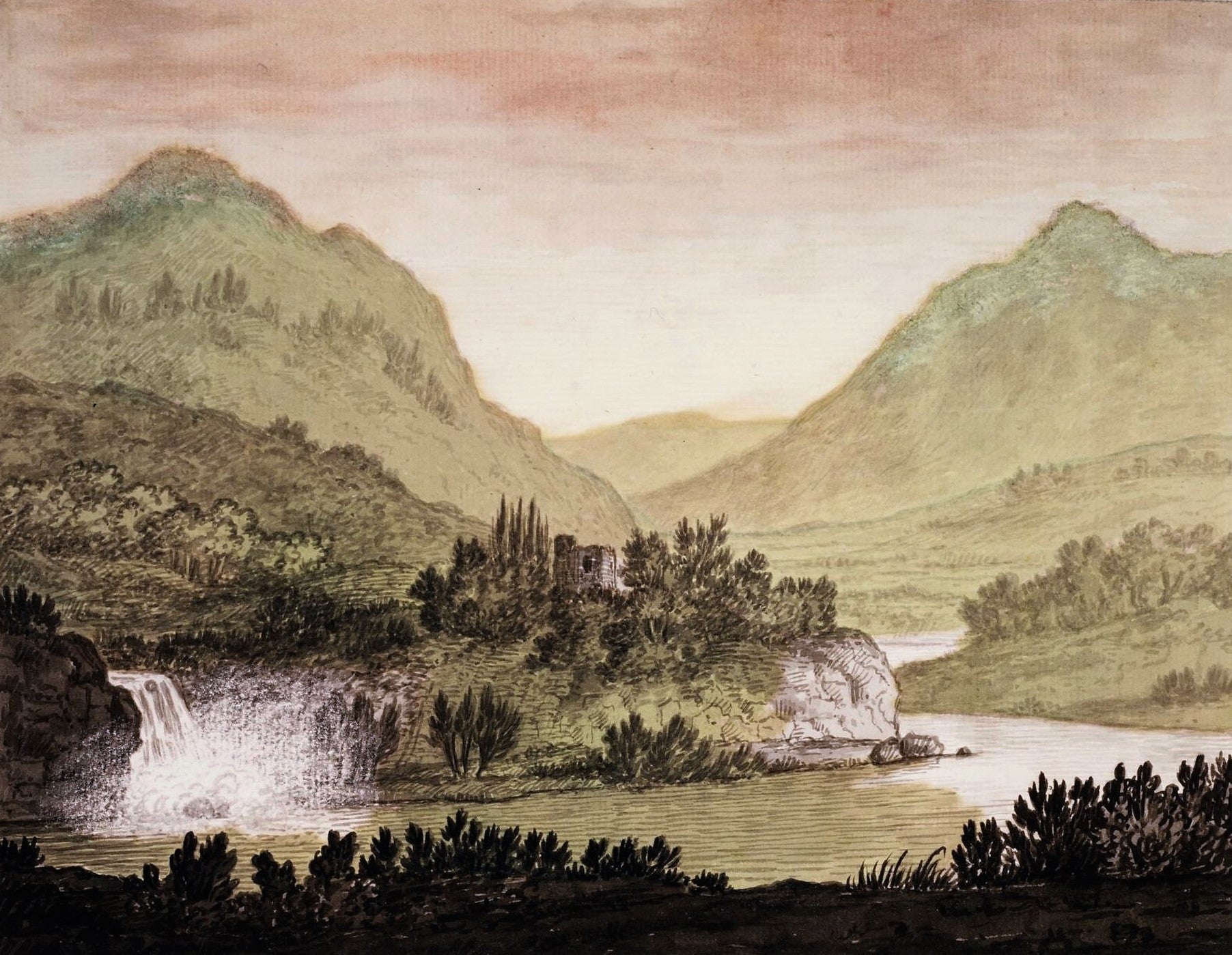Mountainous Landscape with a Castle and Waterfall, vintage artwork by Alexander Cozens, 12x8" (A4) Poster