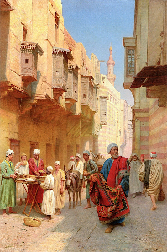 A Cairo Street Scene, with a Khubz Bread Seller, a Rug Merchant and a Water Seller, vintage artwork by Filippo Bartolini, 12x8" (A4) Poster
