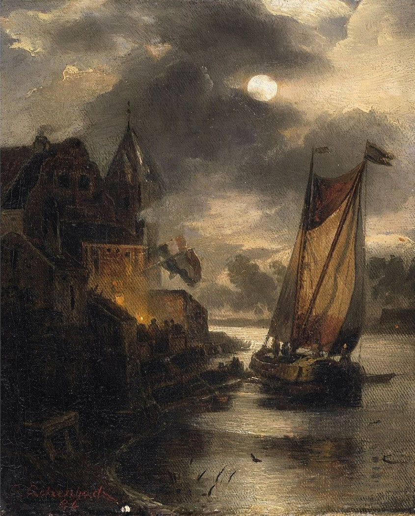 A Night of full Moon over a Town at a River, vintage artwork by Andreas Achenbach, A3 (16x12") Poster Print