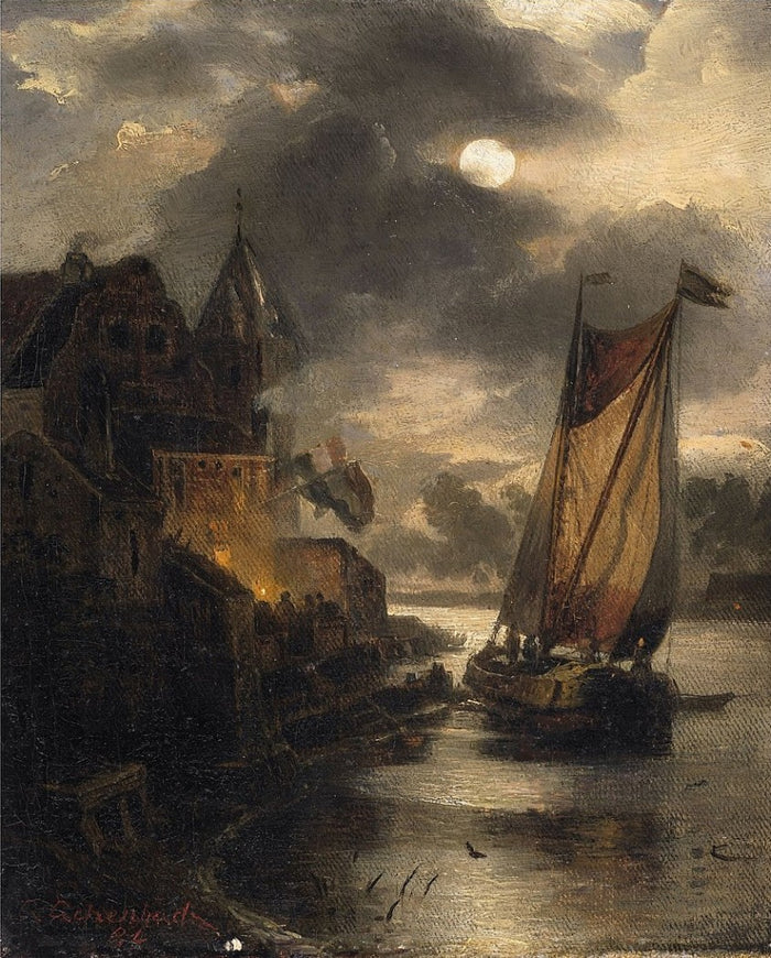 A Night of full Moon over a Town at a River, vintage artwork by Andreas Achenbach, A3 (16x12