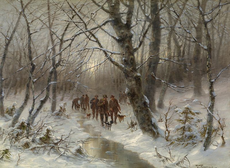 Hunters in a Winter Forest, vintage artwork by Desire Thomassin-Renardt, 12x8" (A4) Poster