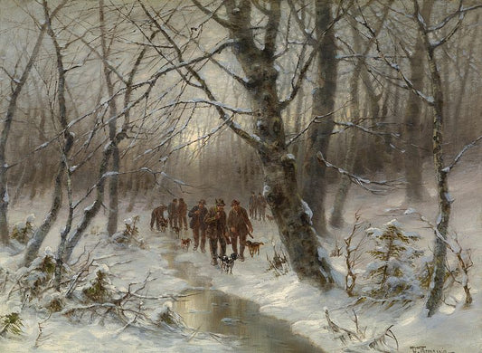 Hunters in a Winter Forest, vintage artwork by Desire Thomassin-Renardt, 12x8" (A4) Poster